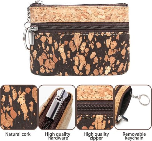 Eco-friendly Cork Coin Purse, Mini Pouch Card Change Vegan Wallet w Key Ring (Pattern A) in Kuwait