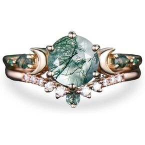 10K 14K 18K Rose Gold 2CT Round Natural Moss Agate Engagement Ring Set for Women 925 Sterling Silver 8mm Genuine Green Moss Agate Leaf Art Deco Bridal Wedding Ring Set (Size 4-15)