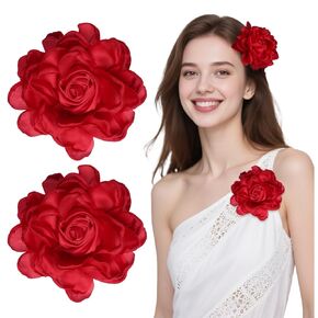 2 PCS Rose Flower Hair Clip Big Brouches Fabel Pins Satin Floral Brouches Pin Clips for Women Wedding Party Bust Suit Suit Dance Association Gifts Jewelry Gifts (Red)