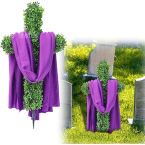 Weysat Memorial Day 28'' Cross Boxwood Topiary Set of 2 Artificial Cross Topiary Trees with Spike Purple Ribbon for Grave Cemetery Decoration