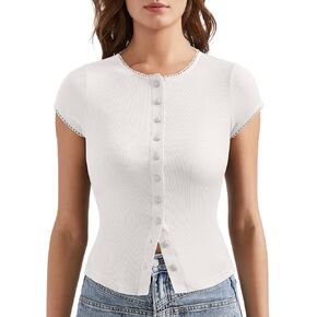 OMKAGI Women Button Down Ribbed Short Sleeve Shirts Fitted Knit Cropped Cardigan Sweaters