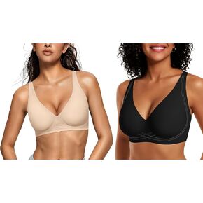 OEAK Womens Deep V Bras Wireless Beige M+Comfortable Plunge Bras Supportive Bra Black M