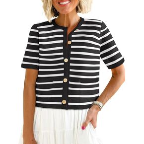 ANRABESS Women's Short Sleeve Cardigan Sweaters Summer Casual Crew Neck Knit Striped Button Down Cropped Dressy Blouses Tops