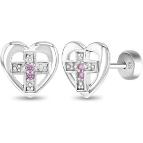925 Sterling Silver Small Pink Cubic Zirconia Heart Cross Studs - Lightweight & Simply Stunning Religious Jewelry For Girls, Toddlers & Teens