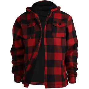 Mens Heavy Flannel Shirt Jacket Winter Cold-proof Thick Fur Lining Hoodies Sweatshirt Plaid Jacket Coat Buffalo Red 3X-Large