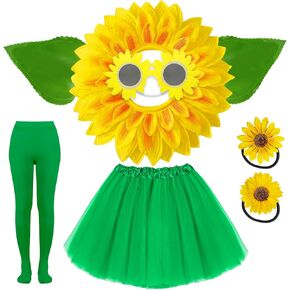Sunflower Costume Set for Adult 8Pcs Yellow Flower Halloween Accessory Women Tutu Skirt Headgear Glasses Glove Tights