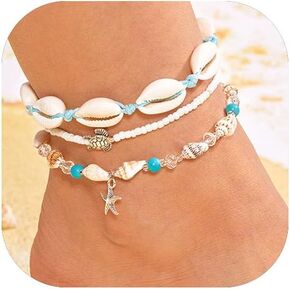 Rrdaily Starfish Shell Anklet Bracelet Set, Beach Jewelry for Women, Summer Boho Beachy Vacation Accessories