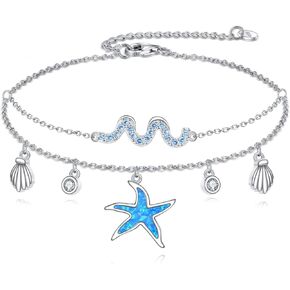Starfish Anklet 925 925 Sterling Silver Starfish Layered Anklet Blue Opal Beach Jewelry Gift for Women