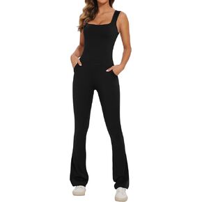 Lingswallow Flare Phemsuits للنساء Bodycon مربع الخزان أعلى الساق واسعة الساق bodysuit ملابس تجريب