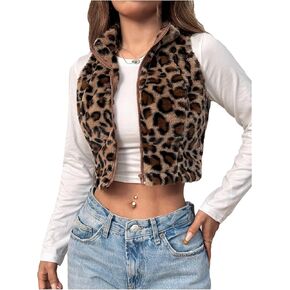 Women's Leopard Print Zip Up Fuzzy Fleece Vest Sleeveless Crop Jacket Fall Outerwear