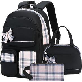 Girls Backpack,3pcs Backpack with Lunch Box Pencil Case Set 15.6 Inch Laptop School Bag Kids Kindergarten Elementary College Bags Large Bookbag for Teen Women Students Casual Travel Daypacks Black