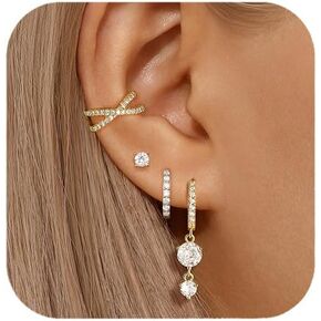 14k Gold Plated Womens Earrings Dangle, Dainty Gold Huggie Ear Cuff Earrings For Women, Hoop Stud Earring Stacks For Sensitive Ears