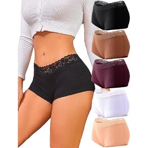 FINETOO Boyshort Underwear for Women Soft Cotton Boxer Briefs Sexy Lace Panties Stretch Boxer Shorts 5 Pack