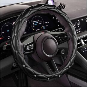 Diamond Soft Leather Bling Steering Wheel Cover, Universal Car Steering Wheel Protector with Crystal Rhinestones, 15 Inch Anti-Slip Interior Accessories for Women, Trucks, SUVs (Black)