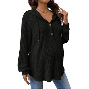 Women's Maternity Half Button Sweatshirts Long Sleeve Ribbed Knit Drawstring Hoodie in Kuwait
