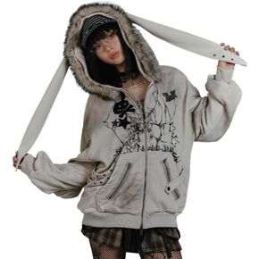 CEINOM Kawaii Bunny Ear Striped Long Sleeve Hoodies Women Harajuku Y2k Zip Up Sweatshirts Cute Style Autumn Winter Hoodies