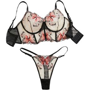 MakeMechic Women's Plus Lingerie Set Butterfly Mester Mesh Bra ومجموعة اللباس الداخلي
