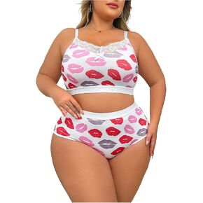 COZYEASE Women's Plus Size 2 Piece Lingerie Heart Print Bow Lace Full Coverage Bra and Panty Sets