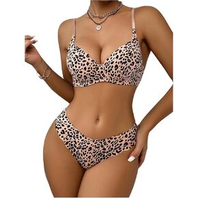 Women's 2 Piece Leopard Lingerie Set High Support Wireless Bra and Panty Set
