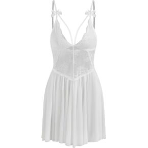 Cider Lingerie Lace Babydoll Mini Nightdress v Neck Mesh Chemise Middle Weistline Lightwear