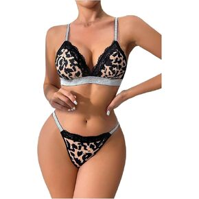 SOLY HUX Women's Leopard Print Lingerie Set Glitter Lace Trim Bra and Thong Panty Underwear Sets