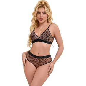 Women's Mesh Bra and Panty Set Cheetah Print See Through Lingerie Set Sexy Sheer Leopard Bra for Women Plus Size
