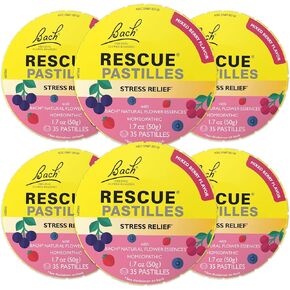 RESCUE Bach PASTILLES, Mixed Berry Flavor, Stress Relief Lozenges, Homeopathic, Flower Essences, 6 Pack