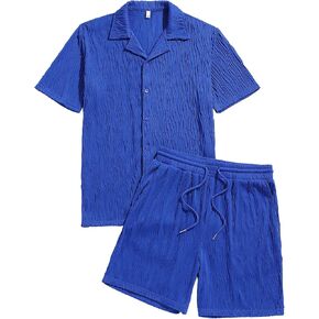 ZAFUL Men‘s 2 Pieces Sets Outfits Summer Wave Ribbed Beach Set Short Sleeve Button Down Shirt And Short Sets