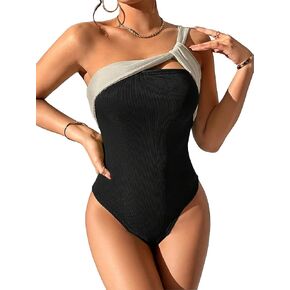 Milumia Women's Colorblock Asymmetrical Neck Bodysuit Twist Knot Rib Knit Tank Tops