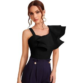 WDIRARA Women's Asymmetrical Neck Sleeveless Ruffled Layered Trim Solid Bodysuit Tops