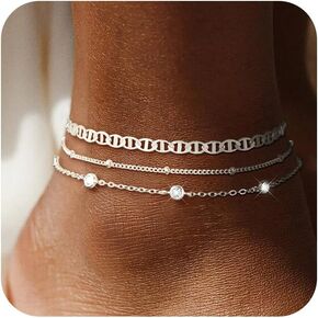 Anklets for Women 14K Silver/Gold Plated Ankle Bracelets Dainty Waterproof Bead Rhinestone Cuban Link Chain Anklets Trendy Women's Anklets Jewelry Set for Gift