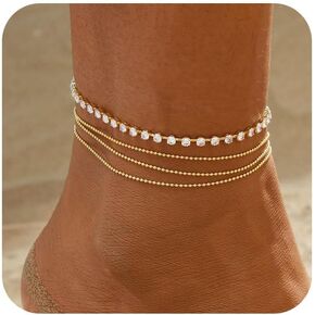 Anklets for Women 14K Silver/Gold Plated Ankle Bracelets Dainty Waterproof Bead Rhinestone Cuban Link Chain Anklets Trendy Women's Anklets Jewelry Set for Gift in Kuwait