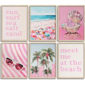 KKP Pink Coastal Preppy Wall Art Colorful Beach Picture Pictures Wall Decor Disco Seashells و Beachy Palm Tree Posters Paints Prints Frants for Girls Bedroom Dorm Apartment Decoration