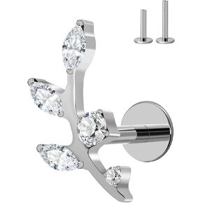 16G Titanium Flat Back Earrings for Women Conch/Helix/Foward Helix/Tragus/Hypoallergenic Piercing Jewelry Internal Thread Cartilage Stud Gold Silver CZ Branch Earrings