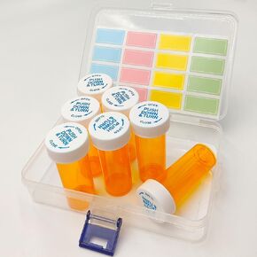 7 PCS Child-Proof Pill Bottle Organizer with Labels Stickers, Portable Case, Medicine Pill Organizer with Child Resistant Caps, Travel Pill Box 7 Day for Vitamin Supplement Fish Oil, 6 Dram