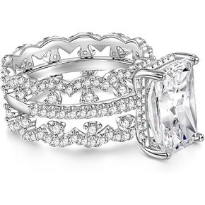 Jeulia 3pcs 6.9C Cut Radiant Cut Rings Moissanite للنساء ؛ خواتم زفاف الفضة الماس للنساء 14K أبيض الذهب مطلي بالورابة