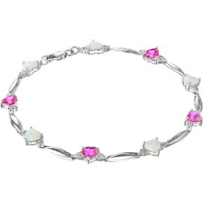 Heart-Shaped Created Opal and Aquamarine Bracelet with .01 cttw. Diamonds - Sterling Silver - 7.5"