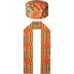 2 PCS African Kente Pattern Kufi Hat Men Kente African Print Stole For Black African History