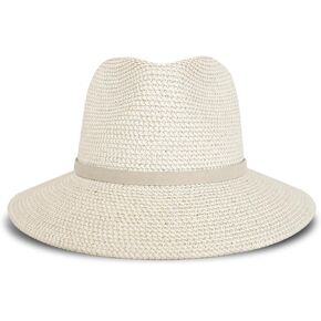 Lucky Brand Women's Summer Straw Wide Brim Boater Panama Adjustable Hat (One Size Fits Most), Leather Tie-Cream