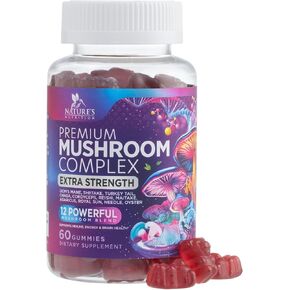 Mushroom Supplement Gummy - 12 in 1 Mushroom Complex with Lions Mane, Reishi, Cordyceps, Chaga & Turkey Tail, Immune Support & Nootropic Supplements for Memory, Brain, Energy & Focus - 60 Gummies