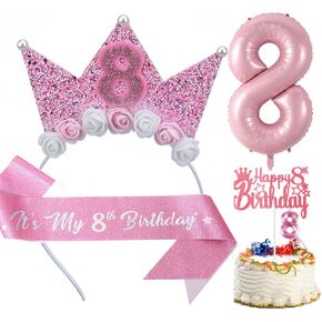 8th Birthday Decor for Girl,Pink Birthday Sash & Flower Headband Crown Set for Girl Princess Party Outfit Accessory (Pink 8th)