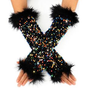 Sequin Feather Black Gloves Fingerless Rave Arm Sleeves for Women