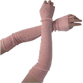 ORGLITTER Women's Rhinestone Mesh Sheer Ruched Glitter Arm Sleeves Fingerless Gloves in Saudi Arabia