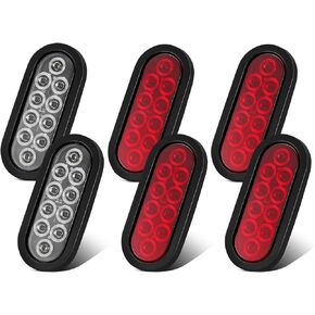 6PCS 6 Inch Oval LED Trailer Tail Lights, 4 Red & 2 White 10 LED 6" Led Turn Stop Brake Reverse Back Up Tail Lights, IP67 Waterproof Surface Mount for 12V Truck RV Boat Caravan, No Need to Cut Holes