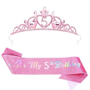 تاج عيد الميلاد الخامس و Glitter Sash Let for 5th Decorts Decorations Girls ، Rhinestone Princess Tiarar