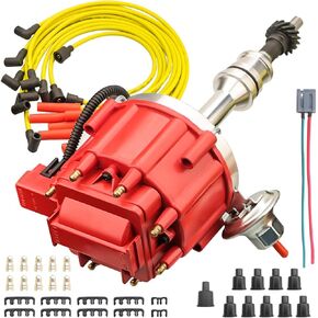 MAS Red Distributor with Cap Rotor & 8mm Spark Wires Set Compatible with Ford 429 351C 351M 400 460 HEI 65000 Volt Replacement for PE332U JM6506BL 351CBLHEI0