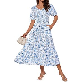 GRACE KARIN 2025 Women's Summer Floral Flowy A Line Midi Dresses Elegant Short Sleeve Smocked V-Neck Tiered Dresses