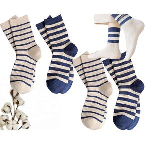 CHUNFO Womens Striped Ankle Socks Cute Letter Embroidered Athlete Navy White Crew Cotton Casual Sock Size5-10.5