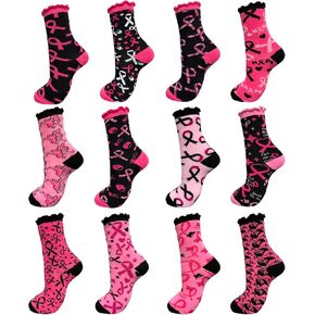 12 Pairs Breast Cancer Awareness Socks for Women, Pink Ribbon Sport Socks Bulk Pack - Get Well Soon Gifts