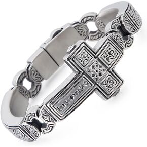 Mens Cross Stainless Steel Bracelet - Heavy Retro Punk Cross Bracelet for Men, 8.66" Adjustable Gothic Jewelry with Black Polished Engraved Design